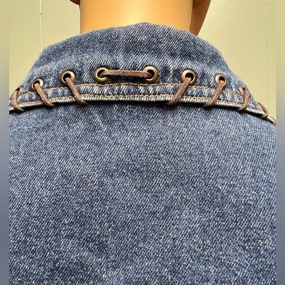 Vintage Lighthouse Jean Jacket Leather Lace up on arms sides pockets and neck. - Picture 8 of 16